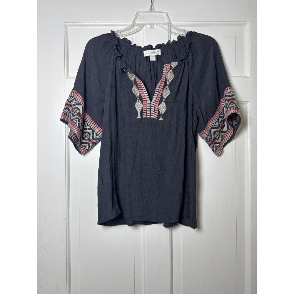 Studio Petite Embroidered Floral Tunic Top Boho Blue Knit Women’s PS
